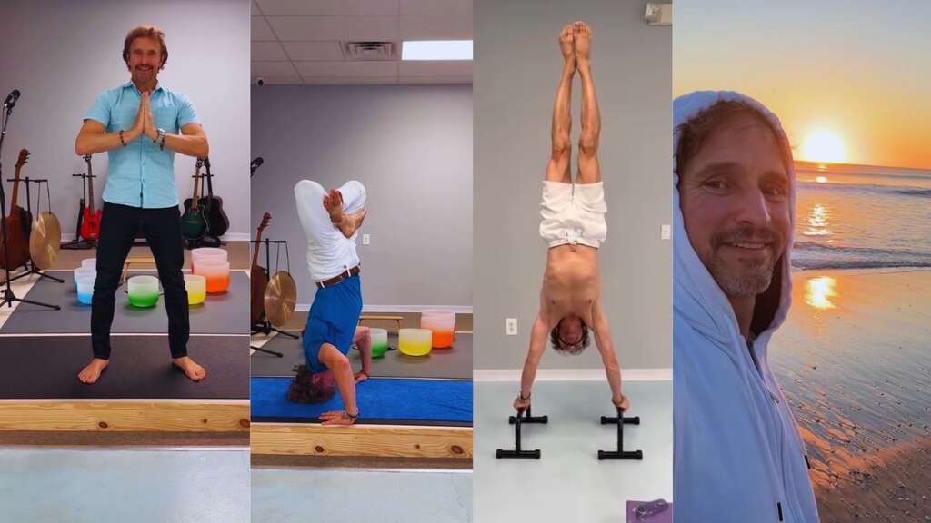 Bret, a private yoga instructor in Melbourne, Florida, demonstrating yoga poses including prayer pose, headstand, and handstand with push-up bars, alongside a beach sunset portrait.